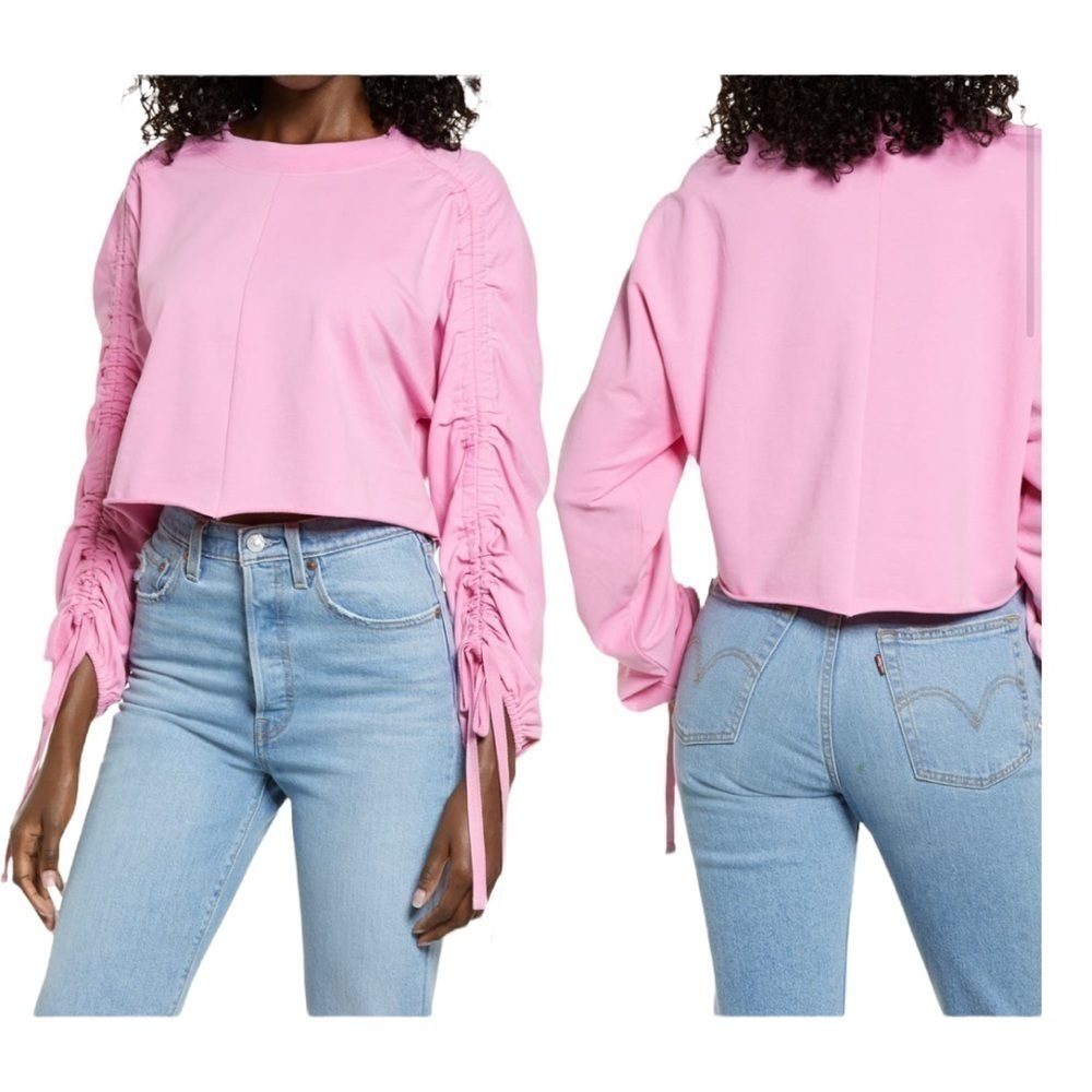 NWT! Open Edit Pink Ruched Sleeve Sweatshirt. Size Small.